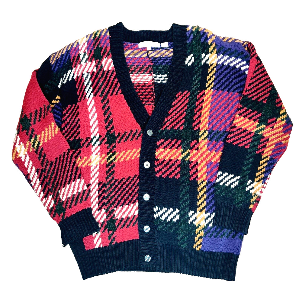Perry Ellis Hand Knit Plaid Cardigan Sweater Sz XL Retro 90s Bright Grandpa Read